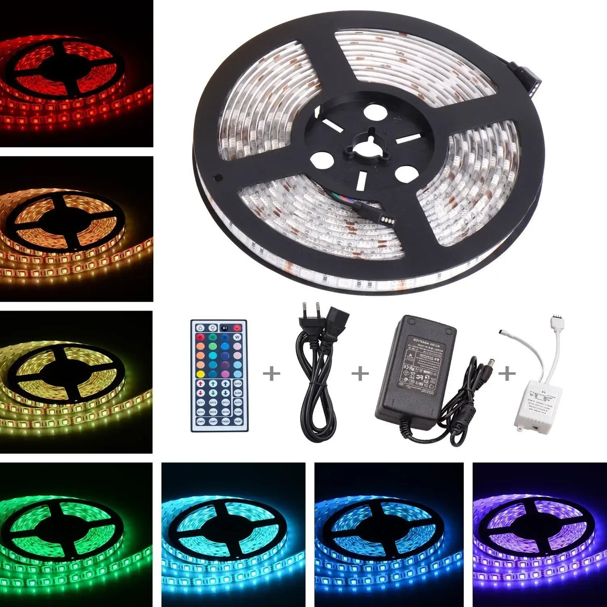 Ilga RGB LED juosta 5 metrų su 16 spalvų ir valdymo pulteliu, skirta apšvietimui ir atmosferos kūrimui.