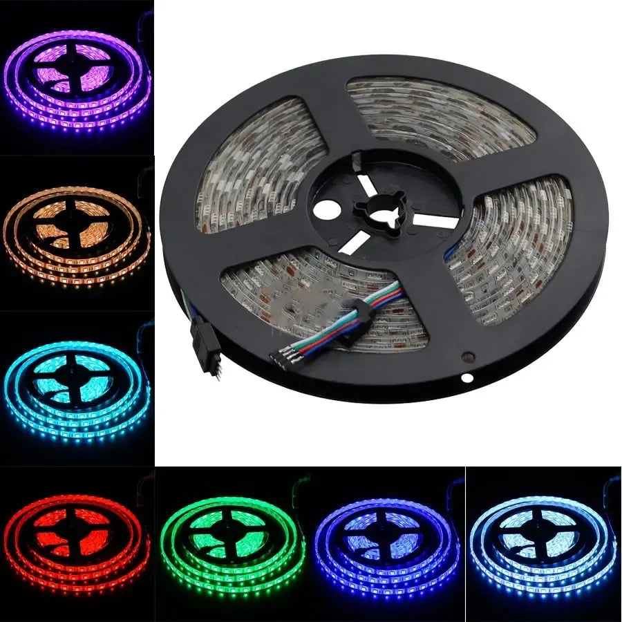 RGB LED juosta 5M su 16 spalvų ir valdymo pulteliu, ryškios apšvietimo galimybės, namų ar renginių apšvietimui.