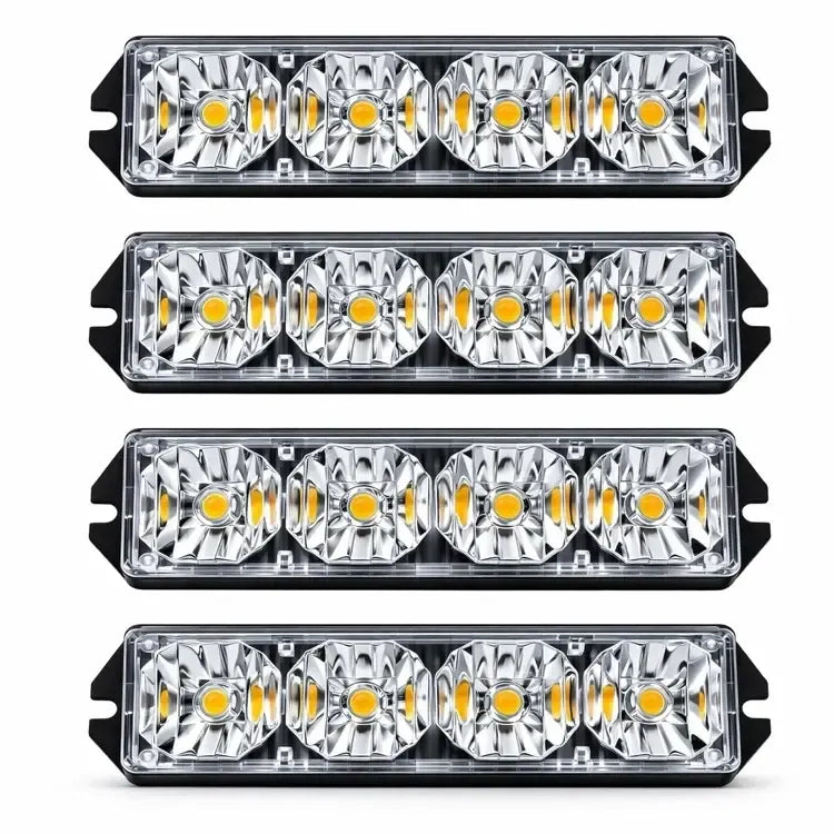 LED stroboskopinių įspėjamųjų žibintų komplektas, 4 vnt., ryškios šviesos ir saugumo signalai, skirti įspėjimui ir matomumui gerinti.