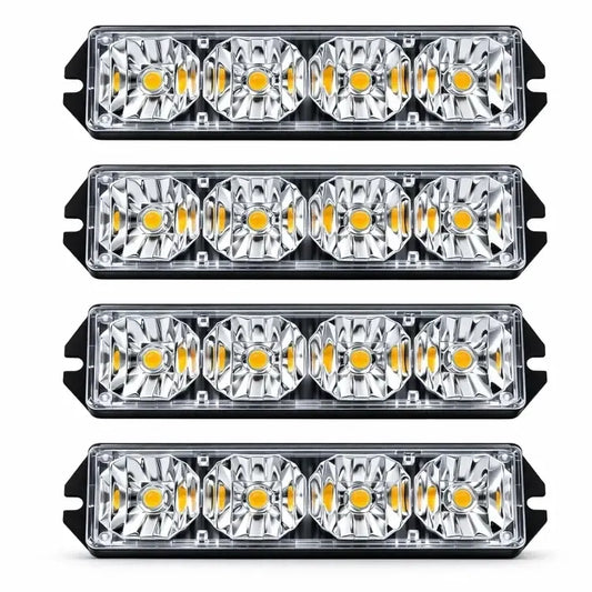 LED stroboskopinių įspėjamųjų žibintų komplektas, 4 vnt., ryškios šviesos ir saugumo signalai, skirti įspėjimui ir matomumui gerinti.