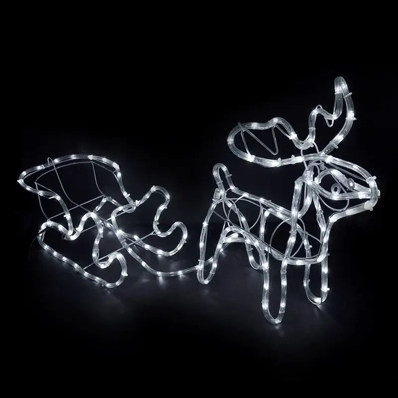 LED šviečianti elnių ir rogių dekoracija, 120 cm ilgio, ryški šviesa ir įdomus kalėdinis papuošimas.