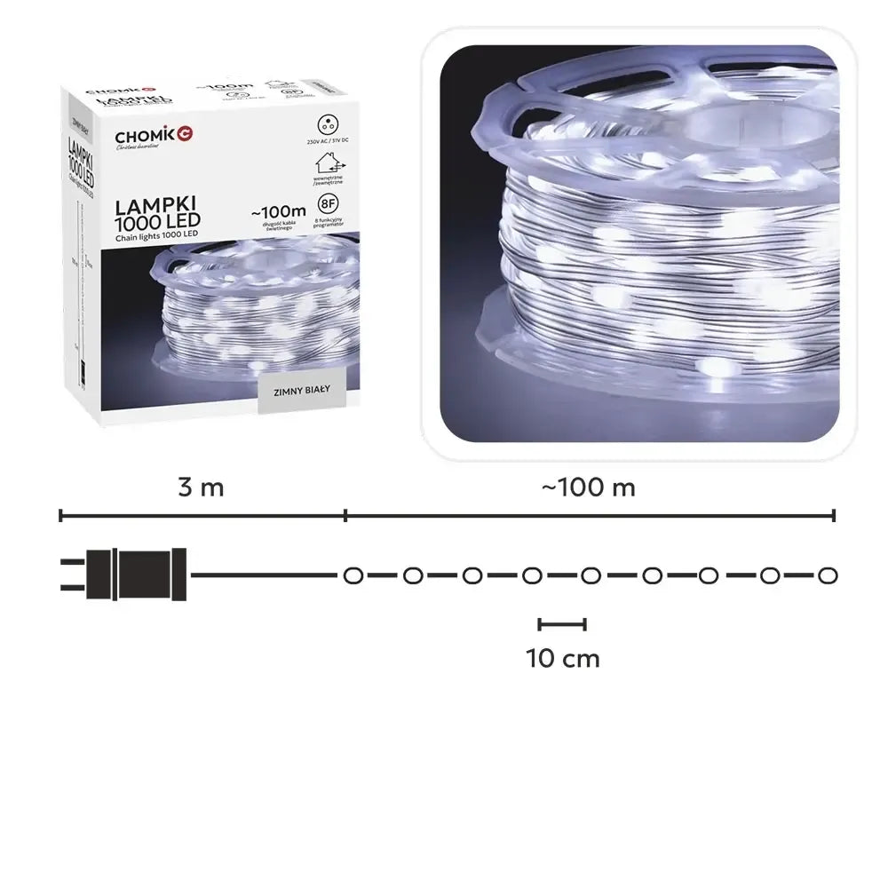 Ilga balta LED švieselių girlianda ant ritės, 1000 LED, 100 m, šaltai balta šviesos spalva, dekoratyvi apšvietimo priemonė.