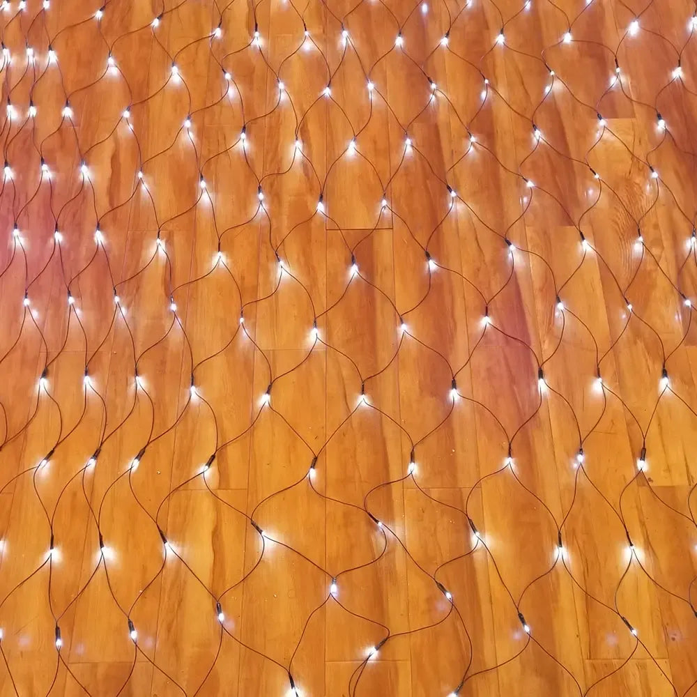 LED švieselių užuolaida-tinklas, 320 LED, 3x2 m, šaltai balta, apšviečia erdvę šviesia ir modernia išvaizda.
