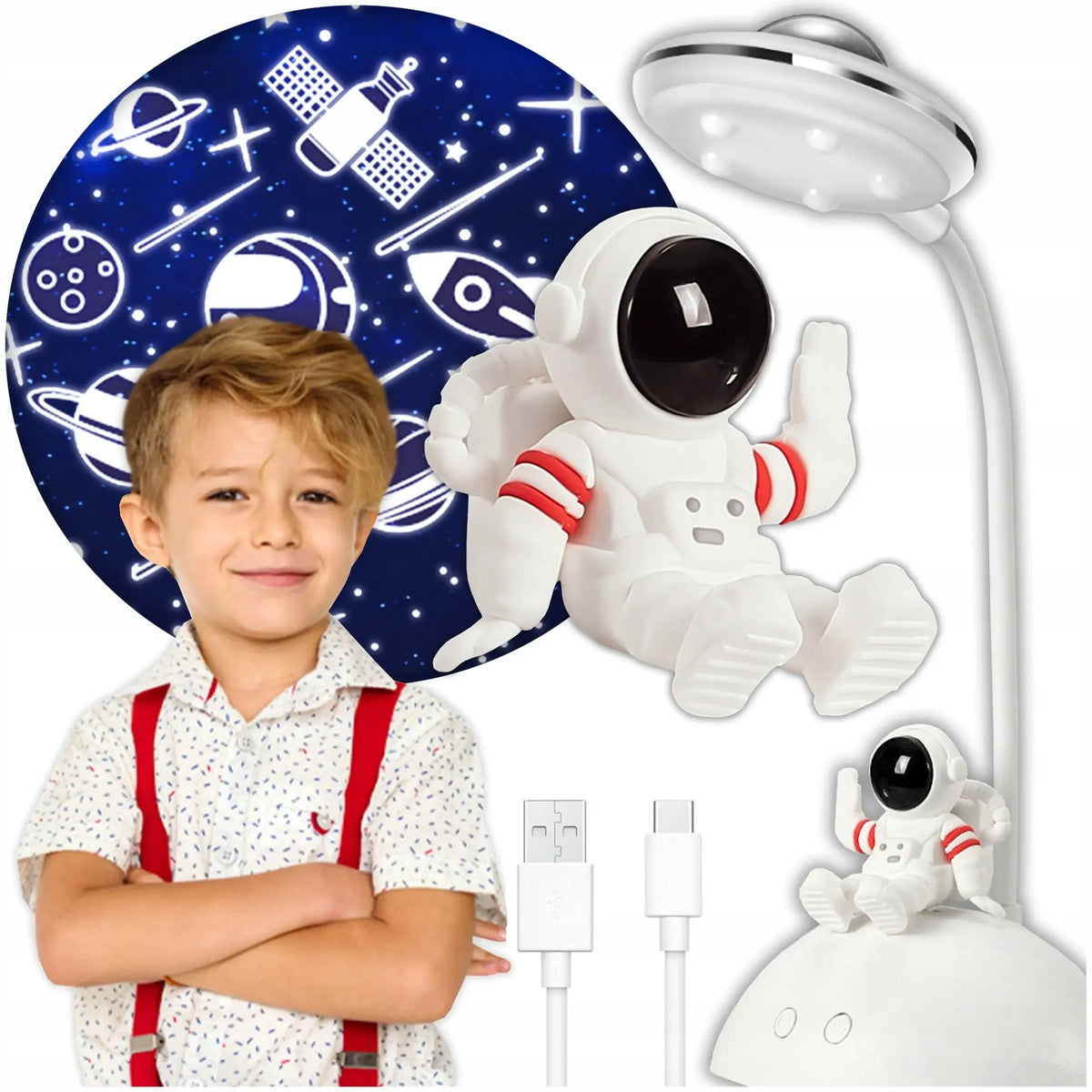 LED naktinis šviestuvas-projektorius astronautas su šviesos projekcija ir moderniu dizainu, tinka vaikų miegamajame.