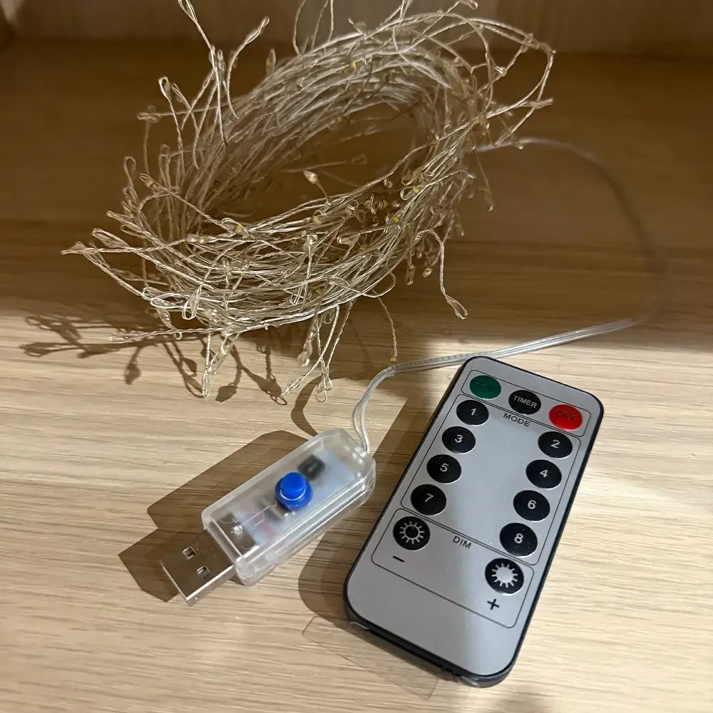 Šilta balta LED USB girlianda Firefly, 9 m ilgio, su 300 LED šviesos diodų, puikiai apšviečia patalpas ar šventes.