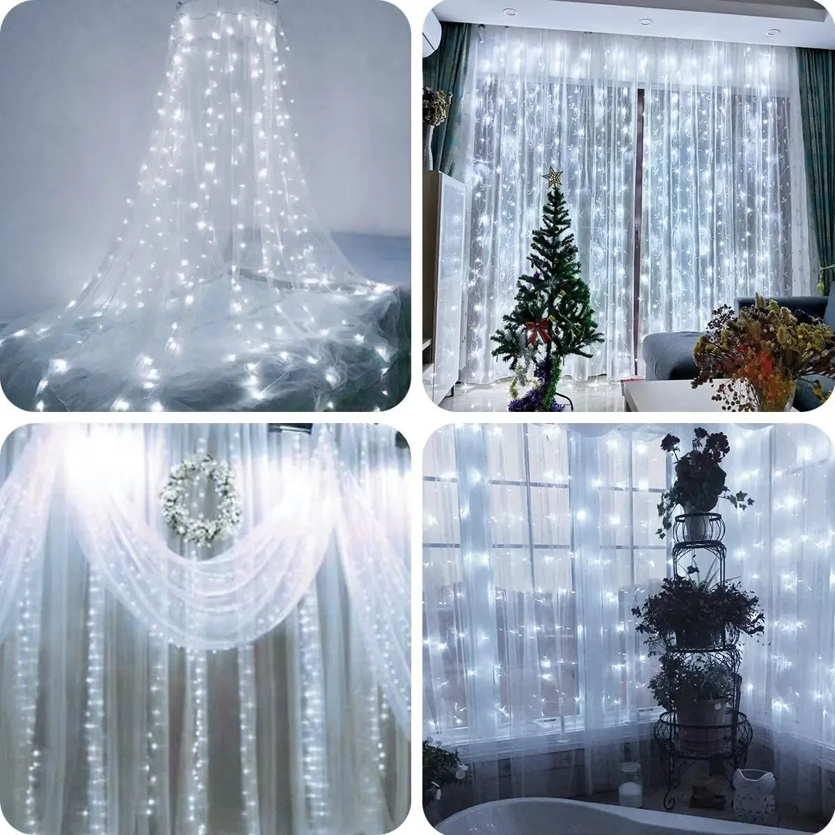 LED USB užuolaida girlianda 3x3 m, šaltai balta, apšviečianti namų ar vakarėlių erdves, su juostomis ir jungtimis.