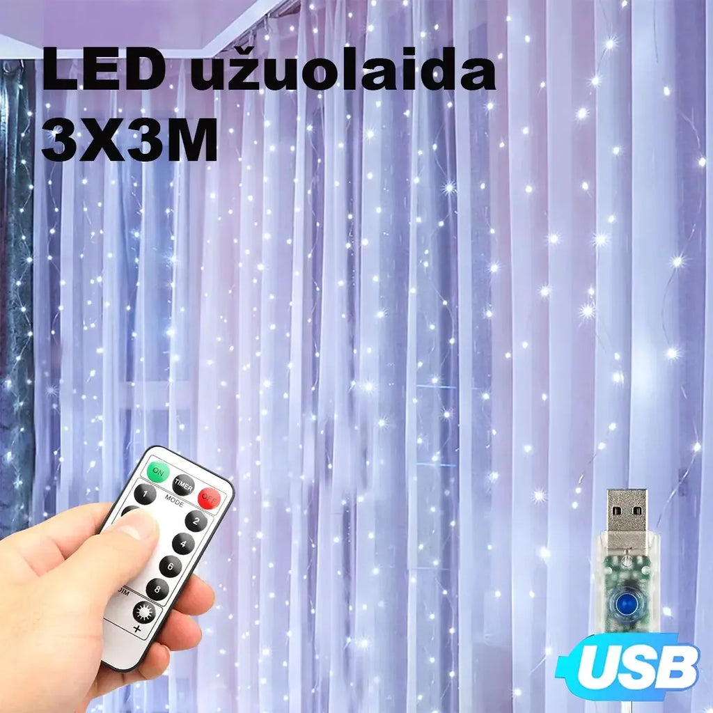 LED USB užuolaida girlianda 3x3 m, šaltai balta, šviesiai apšviečia erdvę, padeda sukurti jaukią atmosferą.