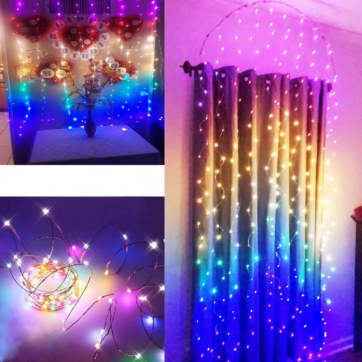 Spalvota LED USB užuolaida-girlianda su šviečiančiais LED žiedais ir kabeliu, namų apšvietimui ir dekoracijoms.