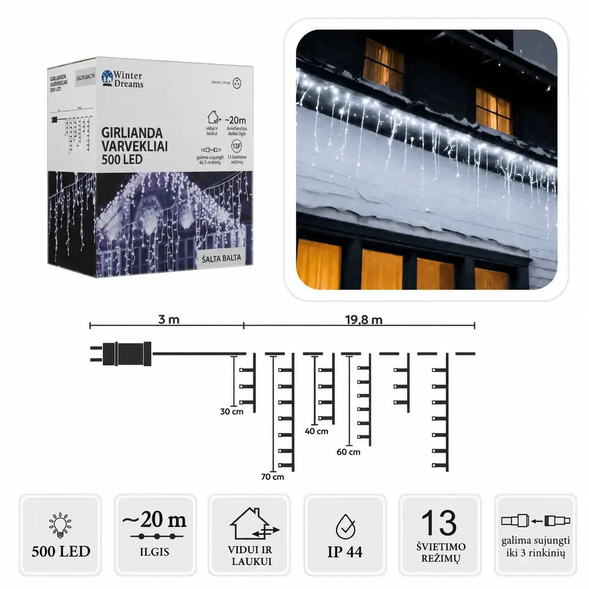 LED varveklių užuolaida, 500 LED, 20 m, šaltai balta, dekoratyvinė šviesų užuolaida namams ir šventėms