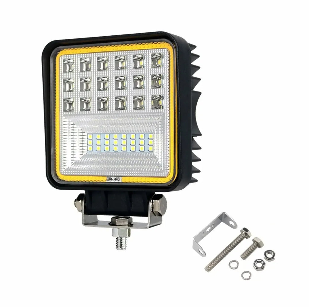 Galingas LED darbo žibintas 126W, 12V-24V su balta ir oranžine šviesa, skirtas darbui ir apšvietimui.