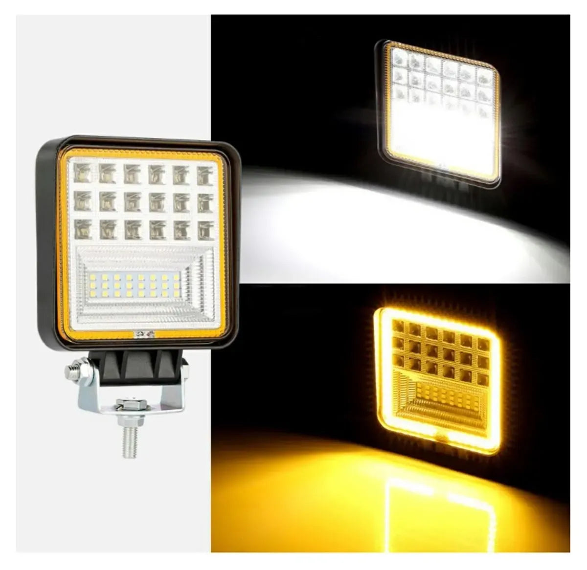 Galingas 126W LED darbo žibintas 12V-24V su balta ir oranžine šviesa, skirtas darbui ir apšvietimui.