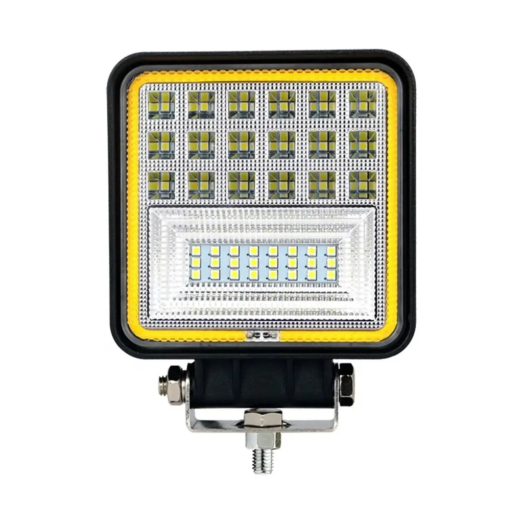 Galingas 126W LED darbo žibintas, veikiantis 12V-24V, su balta ir oranžine šviesa, tinka darbui ir apšvietimui.