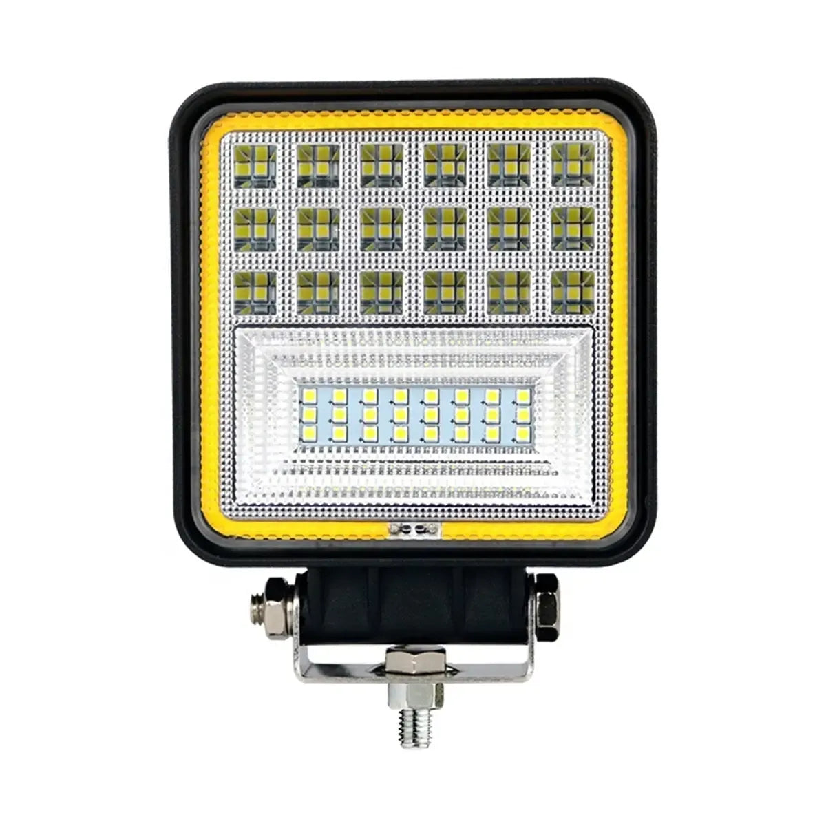 Galingas 126W LED darbo žibintas, veikiantis 12V-24V, su balta ir oranžine šviesa, tinka darbui ir apšvietimui.