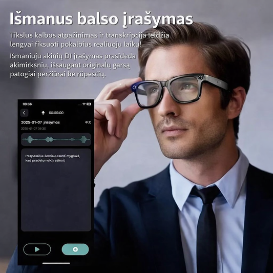 Dirbtinio intelekto filmavimo akiniai Lektro.lt su moderniu dizainu ir aiškia vaizdo įrašo kokybe.