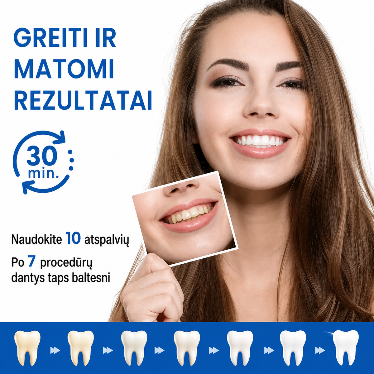 Dantų balinimo juostelės Lektro.lt, 7 poros, 14 vienetų, baltinimo juostelės burnos higienai, artimos nuotraukos vaizdas