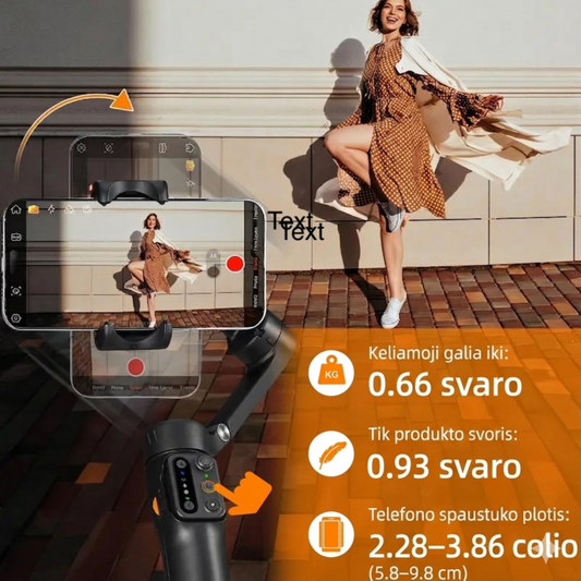 Hohem V3 išmaniojo telefono stabilizatorius, parodytas su telefonu, skirtas sklandžiam vaizdo įrašų filmavimui ir stabilizacijai.