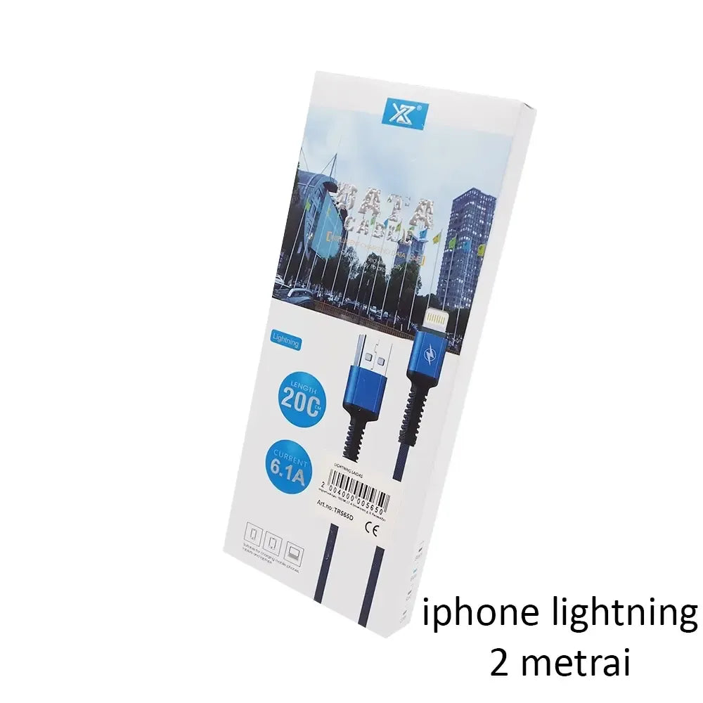 2 metrų ilgio Lightning įkrovimo ir duomenų perdavimo laidas, sidabrinis, su USB jungtimi ir minkštu kabeliu.