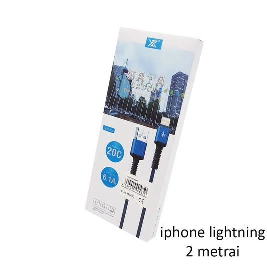 2 metrų ilgio Lightning įkrovimo ir duomenų perdavimo laidas, sidabrinis, su USB jungtimi ir minkštu kabeliu.