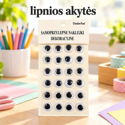 Lipnios dekoratyvinės akytės rankdarbiams, blizgios ir spalvingos, naudojamos dekoracijoms ir rankdarbių kūrimui.