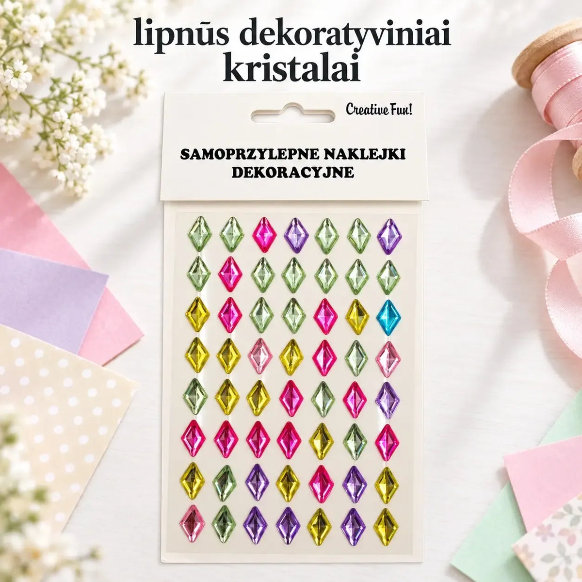 Lipnūs dekoratyviniai kristalai, rombų formos, įvairių spalvų, puikiai tinka dekoracijoms ir rankdarbiams.