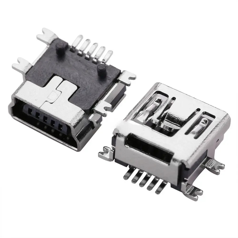 Lituojamas Mini USB 5-Pin SMD lizdas, elektronikos komponentas, matomas su litavimo kontaktų ir plastikiniu korpusu.