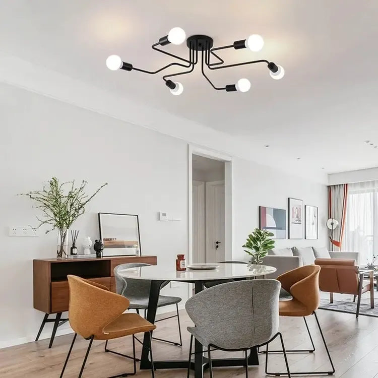 Lubinis loft stiliaus šviestuvas su 6 E27 lizdais, modernus ir industrinio stiliaus apšvietimas gyvenamajai erdvei.