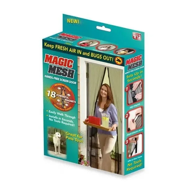 Magnetinis tinklelis durims nuo vabzdžių ir uodų, baltas, su magnetinėmis juostomis ir siūle, tinkamas durų apsaugai.
