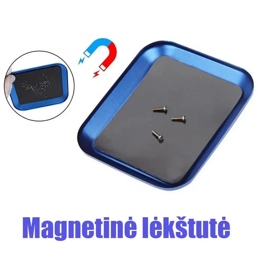 Aliuminė magnetinė lėkštutė įrankiams, tinkama tvirtinti ir organizuoti mažus įrankius ar detales, matoma su magnetine paviršiaus dalimi.