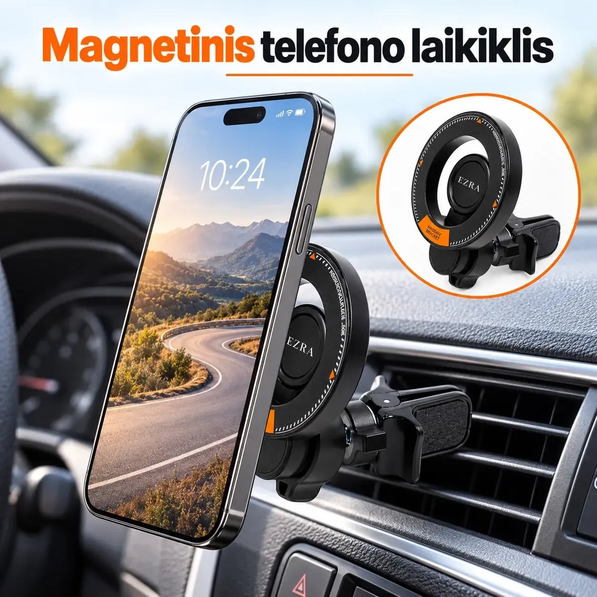 Magnetinis automobilinis telefono laikiklis EZRA HL144, tvirtinamas prie prietaisų skydelio, su magnetiniu telefono laikikliu.