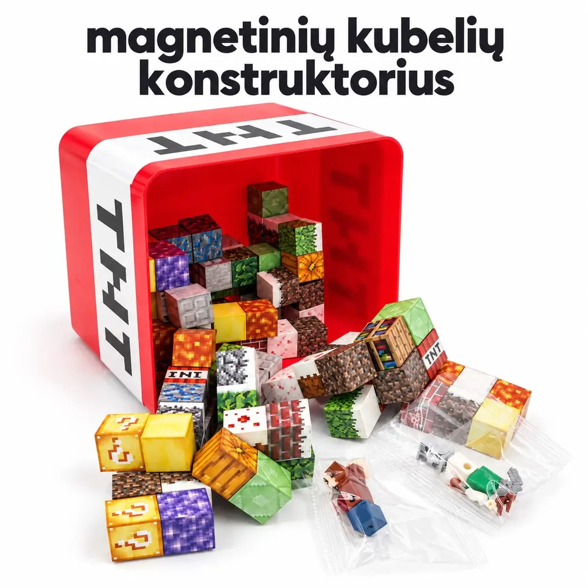 Magnetinis Minecraft TNT konstruktorius, žaislinis modelis su detalėmis, skirtas vaikų žaidimams ir kūrybai.