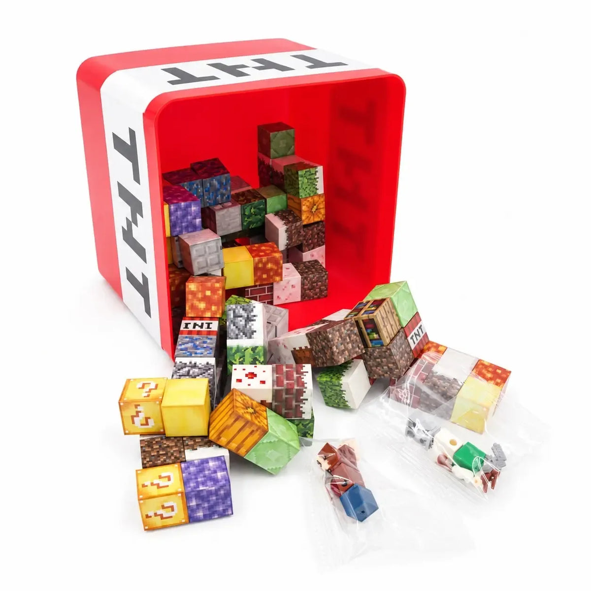 Magnetinis „Minecraft“ tipo konstruktorius TNT, spalvoti magnetiniai elementai vaikų žaidimams ir kūrybai.