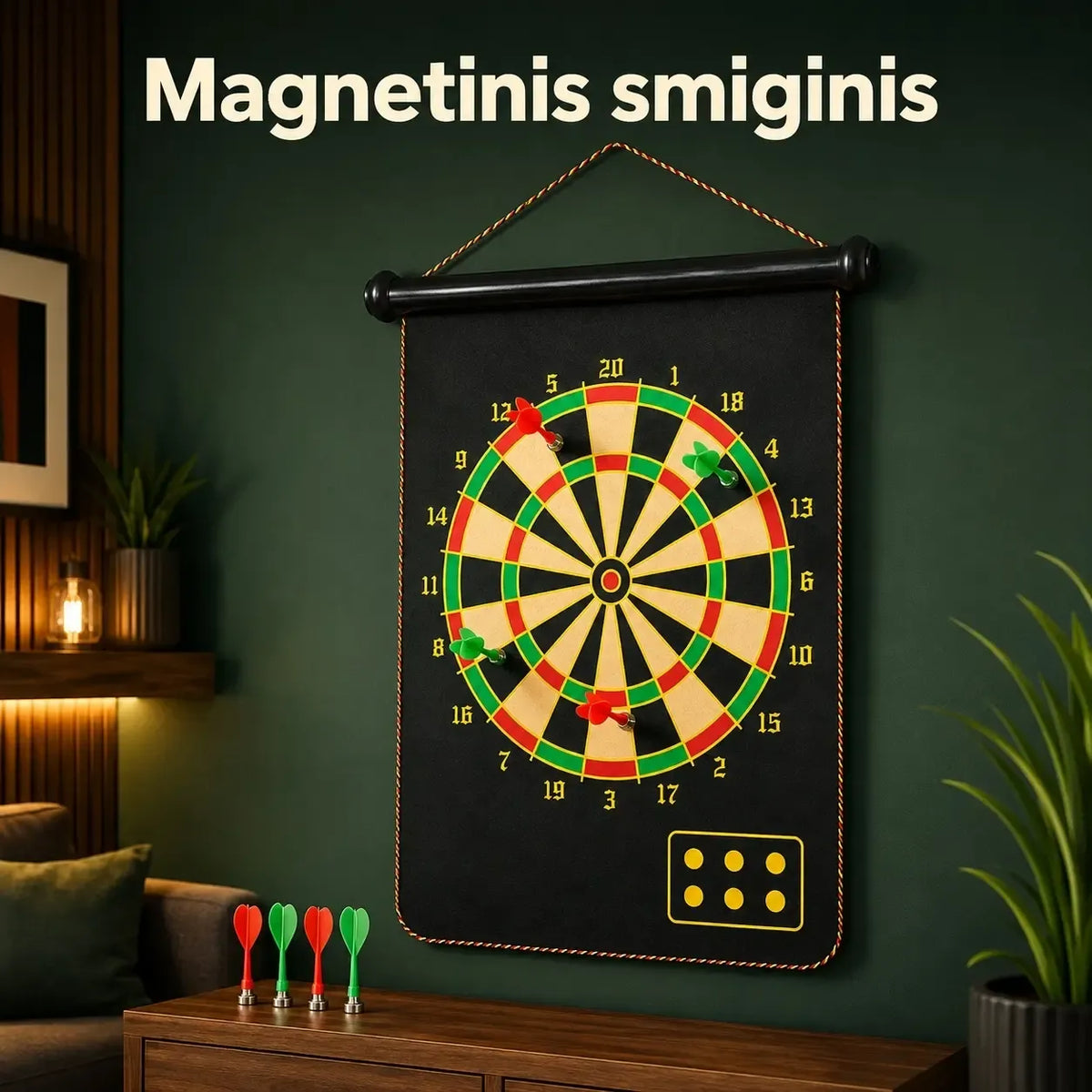 Magnetinis smiginio taikinys su strėlytėmis, tvirtas ir spalvingas, skirtas žaidimams ir pramogoms namuose.