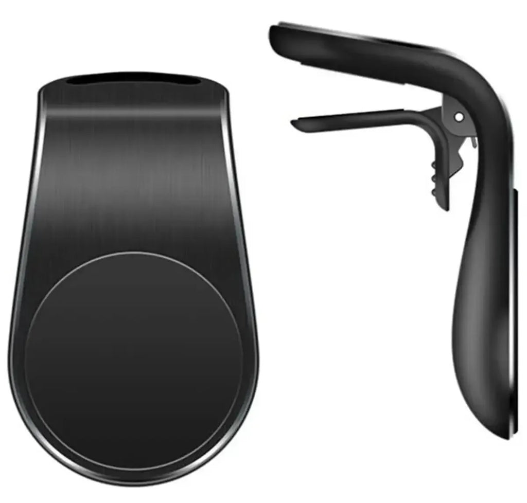 Magnetinis automobilinis telefono laikiklis į ventiliacijos angas su juodu gumuotu laikikliu ir magnetiniu telefonų tvirtinimu.
