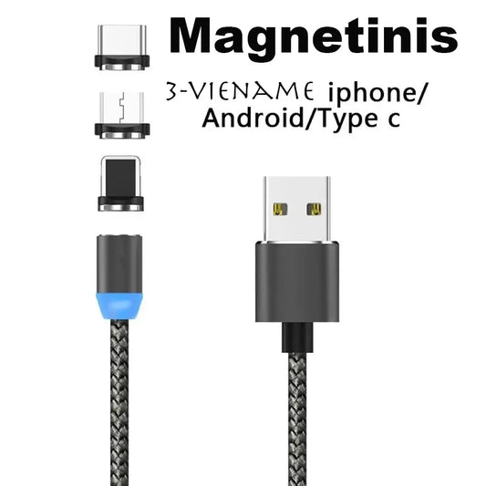 Magnetinis USB įkrovimo laidas 3in1, universalus, su magnetine jungtimi, matomas sujungimo taškai ir universalus naudojimo pavaizdavimas