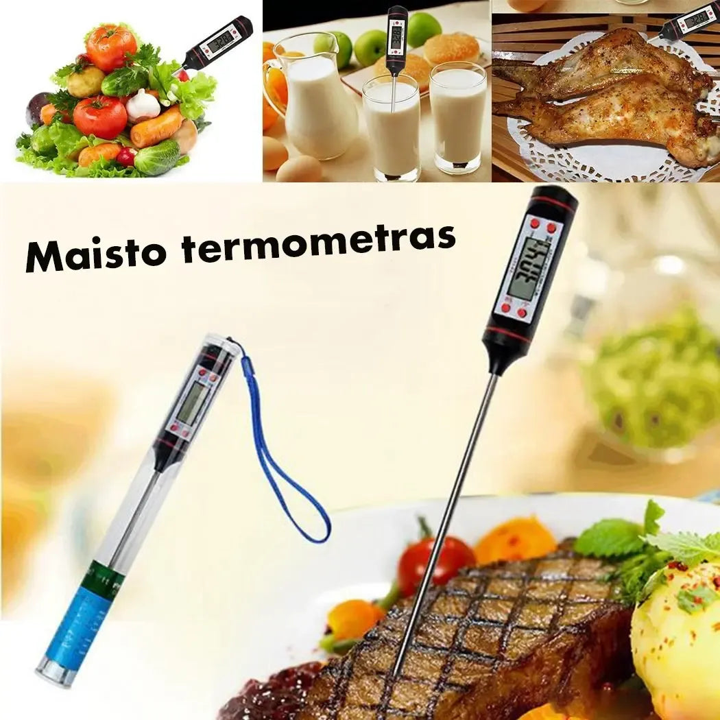 Maisto termometras su matavimo skalė ir ilga rankena, naudojamas maisto temperatūros nustatymui.