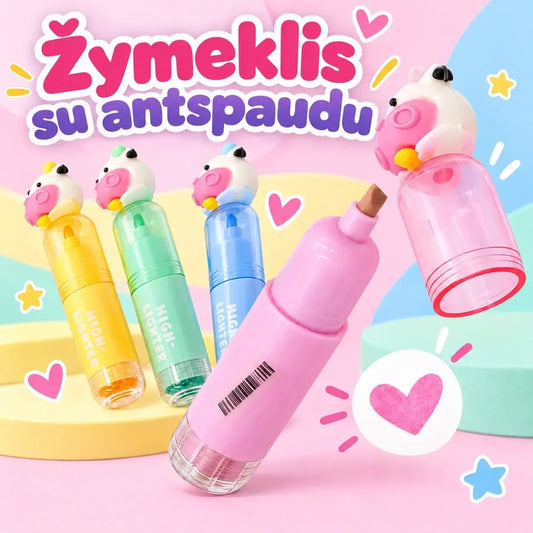Dažymo žymeklis su karvytės dekoracija, ryškus ir žaismingas, tinkamas kūrybiniam naudojimui.