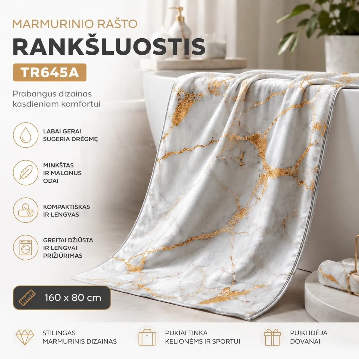 Marmurinio rašto rankšluostis 160 x 80 cm TR645A