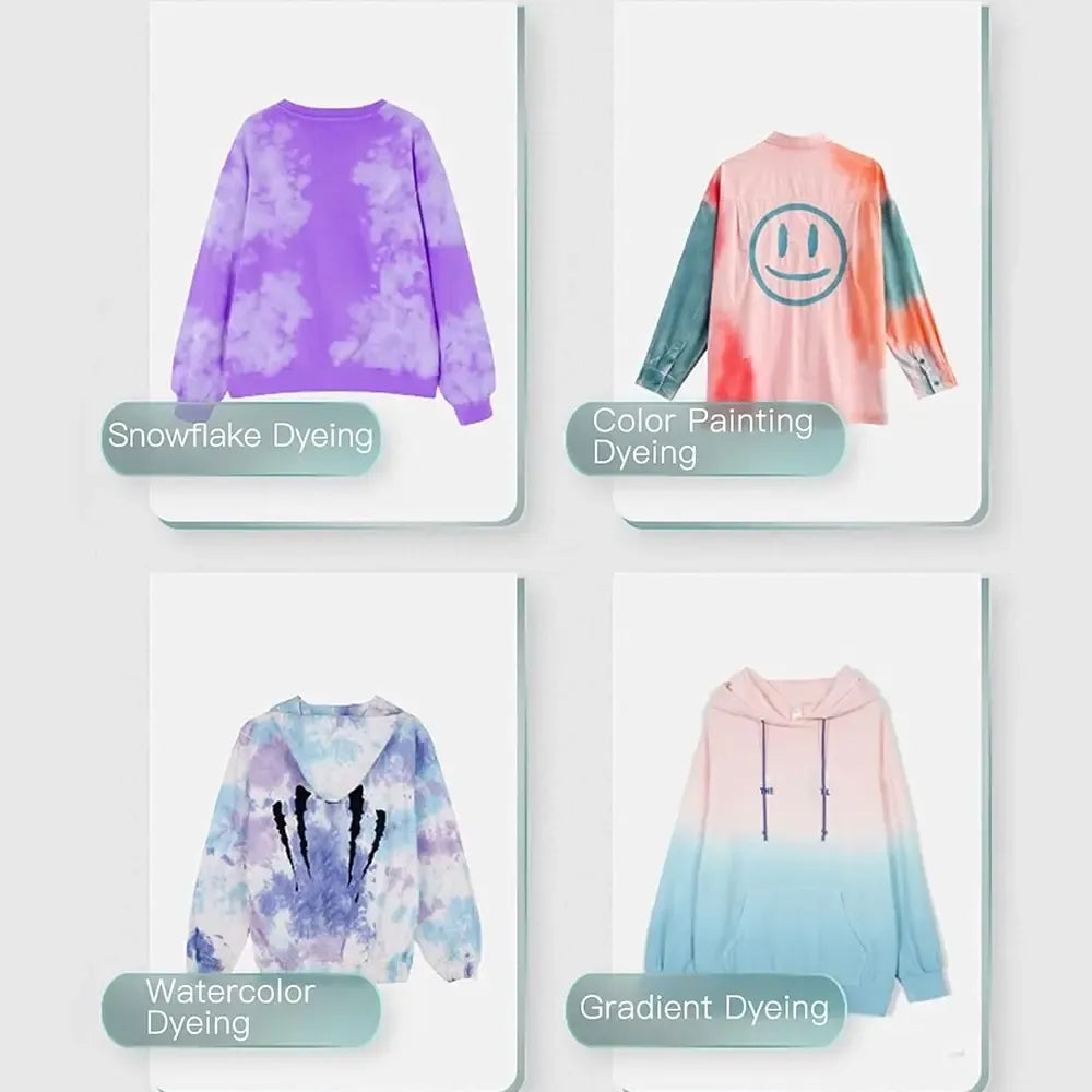 Marškinėlių dažymo rinkinys „Tie-Dye“ su spalvų dažymo priemonėmis kūrybinei šeimos veiklai, įskaitant marškinėlius ir dažymo įrankius.