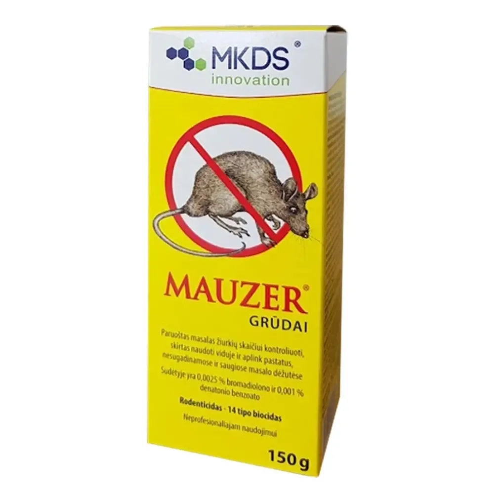 Mauzer grūdai pelių ir žiurkių naikinimui, 150 g, smulkūs grūdai su veikliąja medžiaga, skirti pelėms ir žiurkėms.