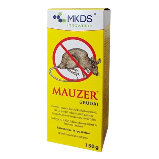 Mauzer grūdai pelių ir žiurkių naikinimui, 150 g, smulkūs grūdai su veikliąja medžiaga, skirti pelėms ir žiurkėms.