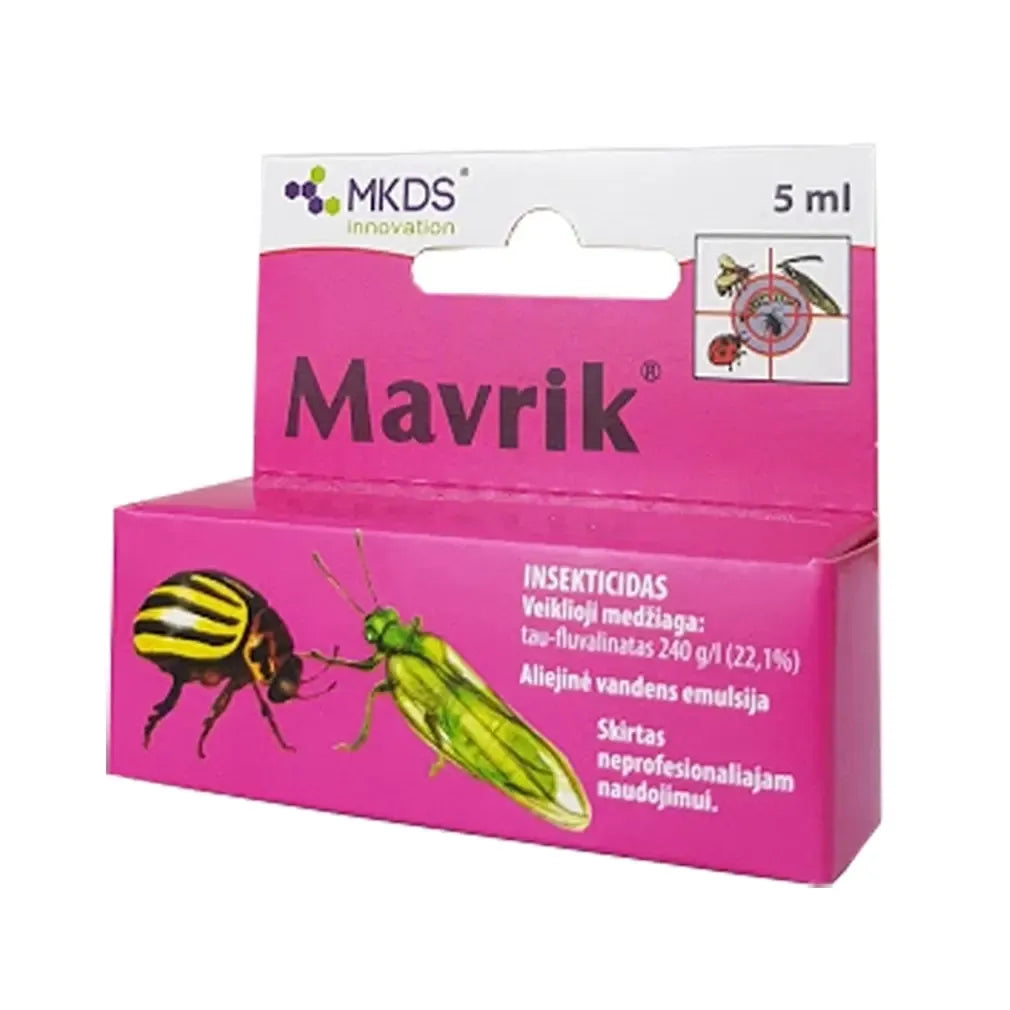 Insekticidas Mavrik 5 ml, skaidrus butelis su skysčiu, skirtas kenkėjų naikinti.