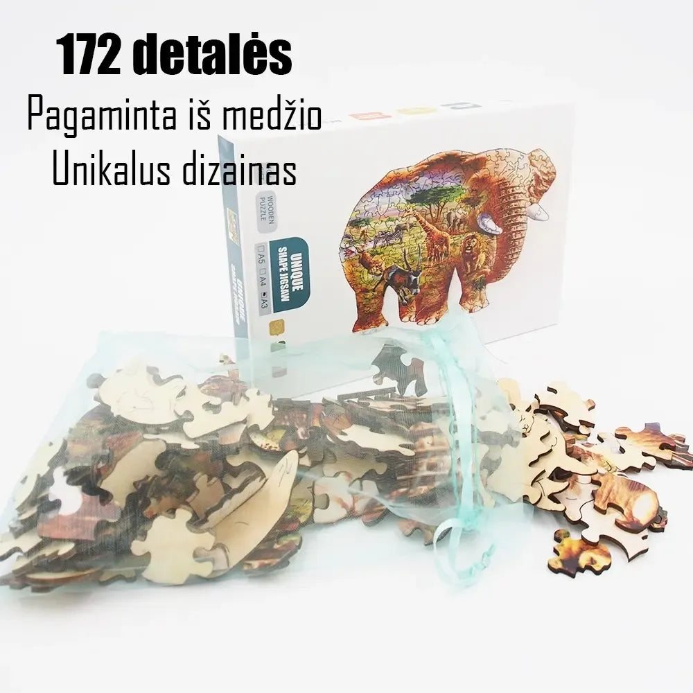 Medinė dėlionė „Dramblys“ su spalvingomis detalėmis ir didelėmis dalimis vaikams žaisti ir lavinti įgūdžius.