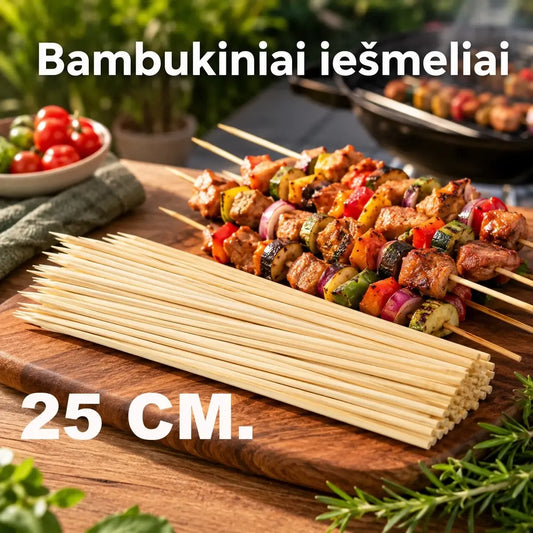 Mediniai iešmeliai 25 cm, 200 vnt. – natūralūs mediniai iešmeliai maisto gaminimui, keptuvėms ir kepimui.
