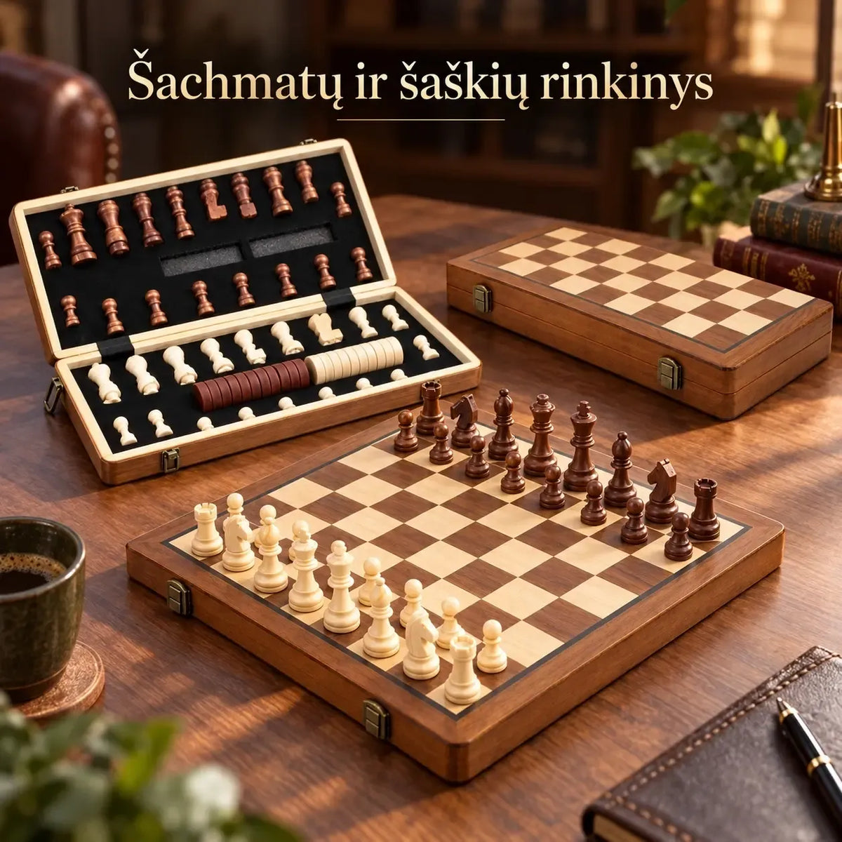 Medinis šachmatų rinkinys TR2351B su natūralaus medžio figūrėlėmis ir dėklu, žaidimo pėdų ir 64 langelių lenta.