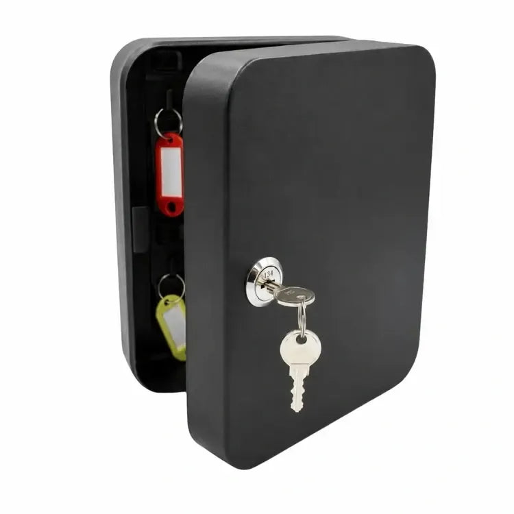 Metalinė raktų dėžutė su 20 kabliukų ir užraktu, apsaugo ir tvarko raktus namuose ar biure.
