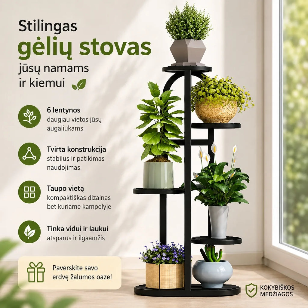 Metalinis augalų stovas 6 vazonams, 90 cm