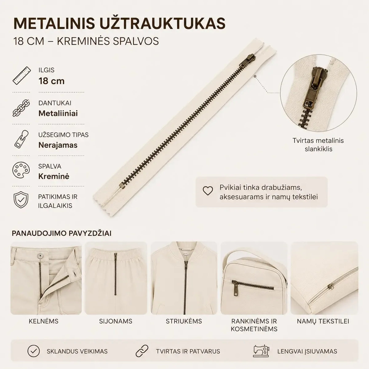 Metalinis užtrauktukas, 18 cm, baltos spalvos, tinka drabužiams ir rankinėms, matomas iš arti.