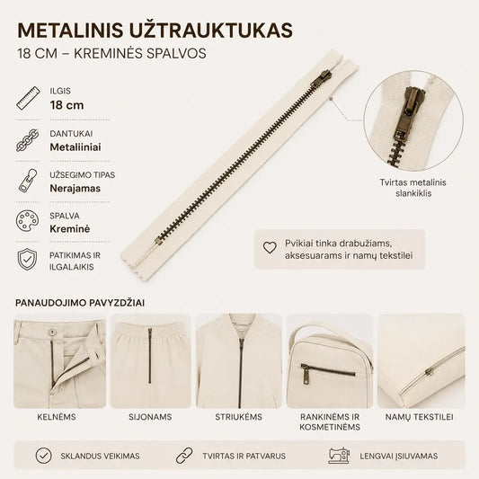Metalinis užtrauktukas, 18 cm, baltos spalvos, tinka drabužiams ir rankinėms, matomas iš arti.