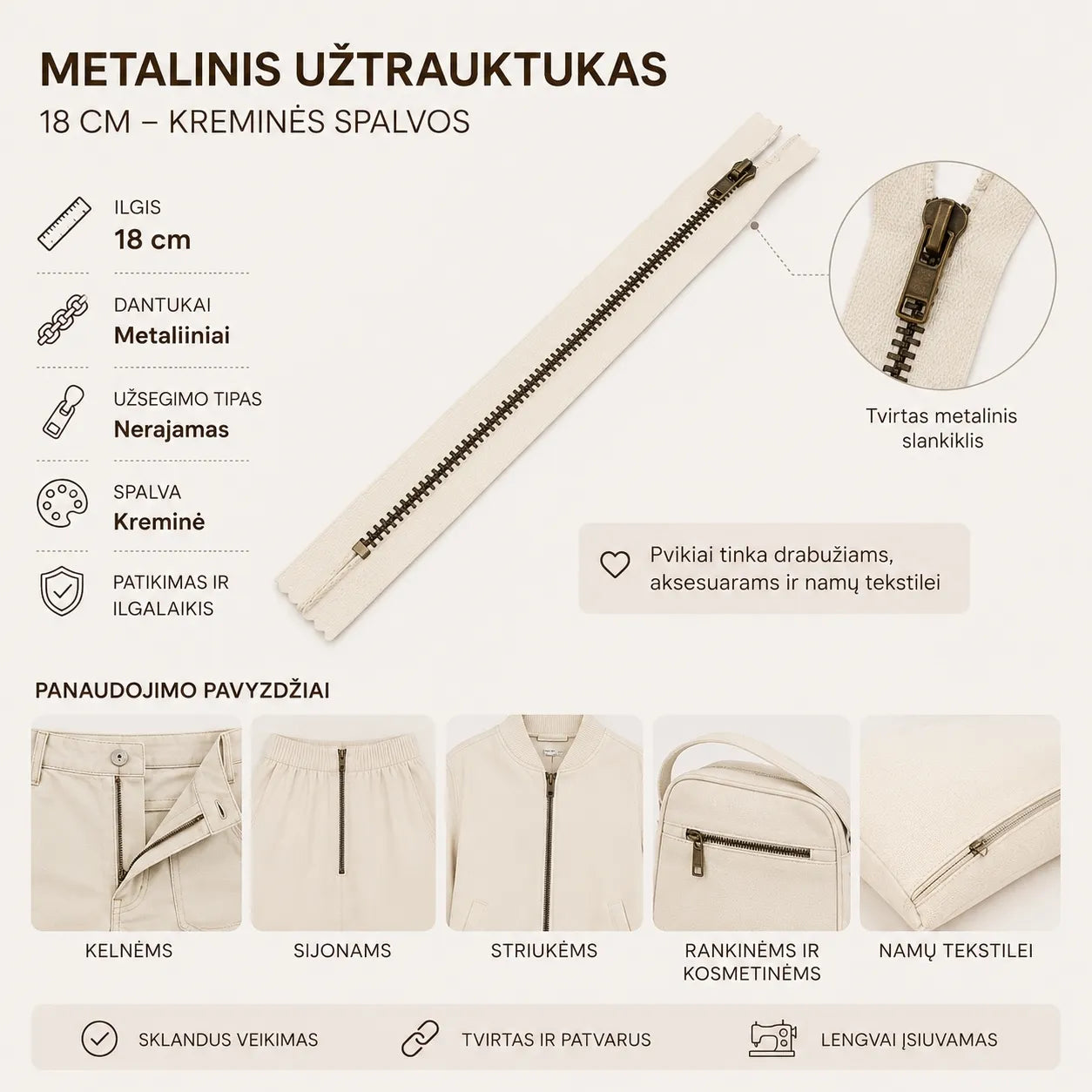 Metalinis užtrauktukas 18 cm – baltos spalvos