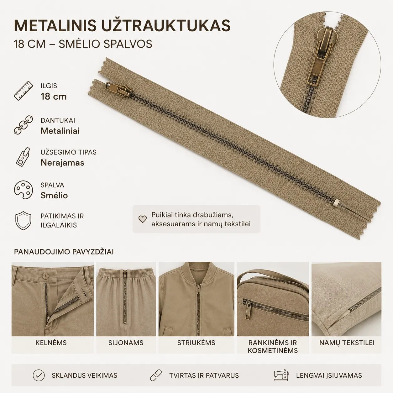 Metalinis užtrauktukas 18 cm – smėlio spalvos